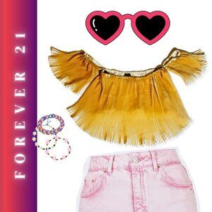 M - Forever 21 Women's  Pleated Off-Shoulder Crop: Yellow Mustard Flowy Crop Top